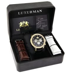 Luxurman Men's Diamond Watch 0.2ct Black MOP Liberty Yellow Gold Plated -Watch Store luxurman mens diamond watch 02ct black mop liberty yellow gold plated box