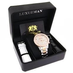 Luxurman Men's Diamond Watch Two-Tone White Rose Gold Pltd Liberty Swiss Mvt -Watch Store luxurman mens diamond watch two tone white rose gold pltd liberty swiss mvt box