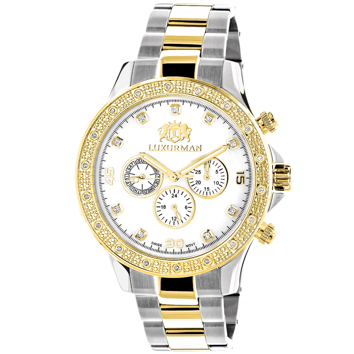 Luxurman Men's Diamond 18k Yellow White Gold Plated Swiss Quartz Liberty Watch 1 Luxurman Men's Diamond 18k Yellow White Gold Plated Swiss Quartz Liberty Watch