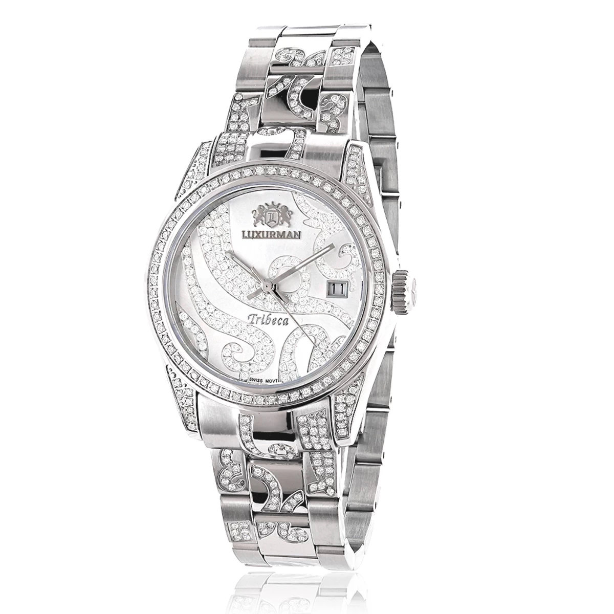 Luxurman Tribeca Women's Diamond Bezel & Band Watch 3ct Platinum Plated 1 Luxurman Tribeca Women's Diamond Bezel & Band Watch 3ct Platinum Plated