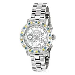 Luxurman Ladies White Yellow Blue Diamonds Watch 2.75ct