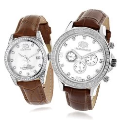Matching His And Hers Luxurman White Gold Plated Diamond Watch Set