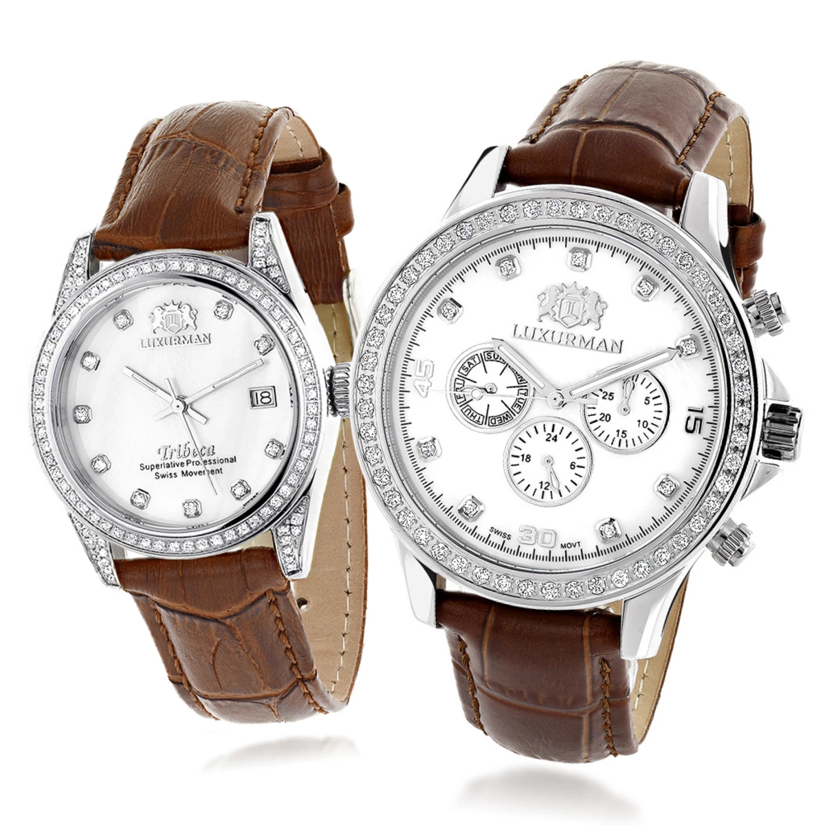 Matching His And Hers Luxurman White Gold Plated Diamond Watch Set 1 Matching His And Hers Luxurman White Gold Plated Diamond Watch Set