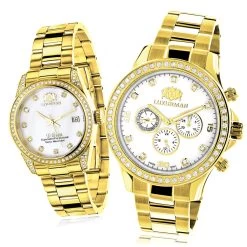Matching His And Hers Luxurman Yellow Gold Plated Diamond Watch Set