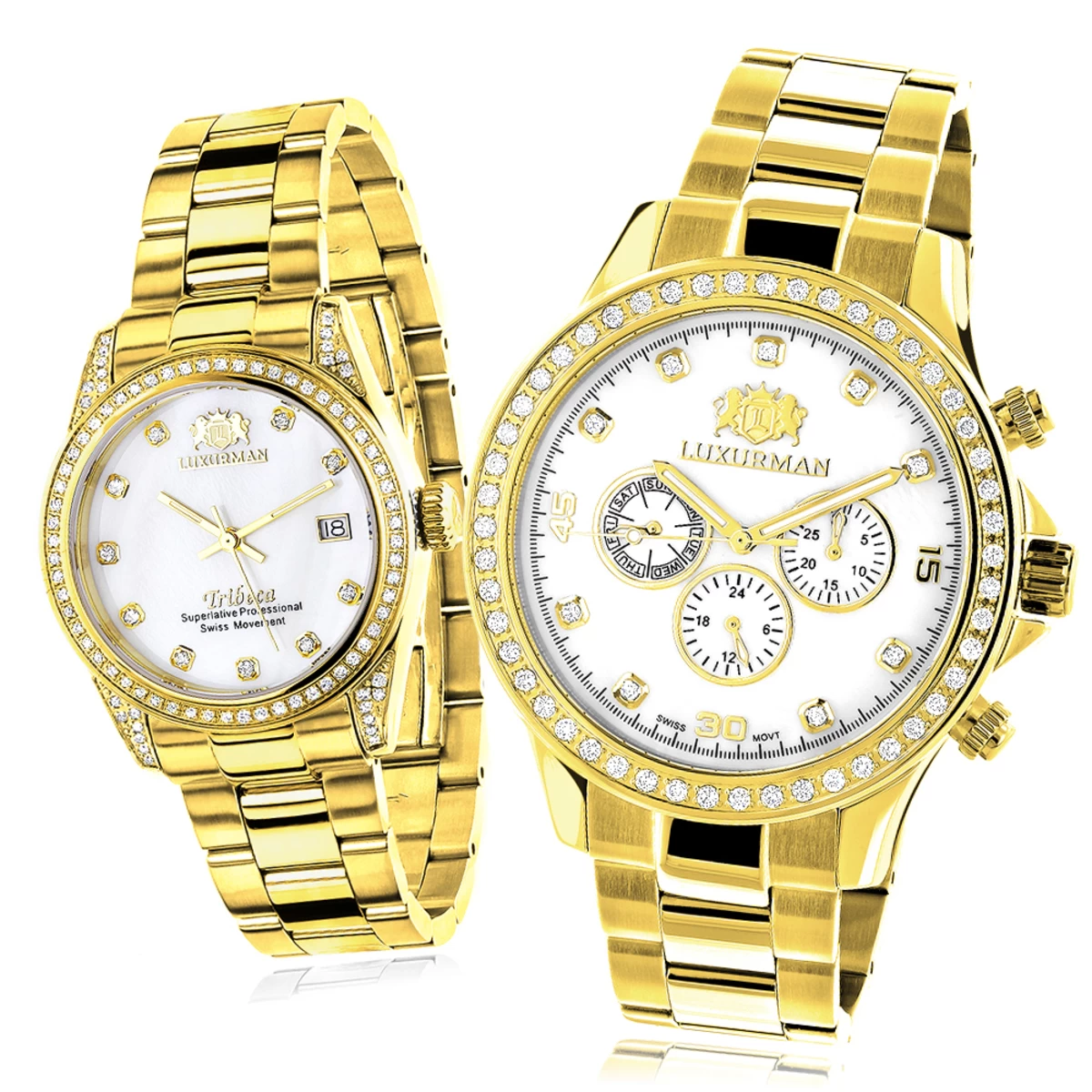 Matching His And Hers Luxurman Yellow Gold Plated Diamond Watch Set 1 Matching His And Hers Luxurman Yellow Gold Plated Diamond Watch Set