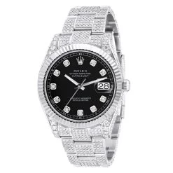 Men's Diamond Iced Out Watch Rolex Datejust 41mm Black Dial Oyster Bracelet