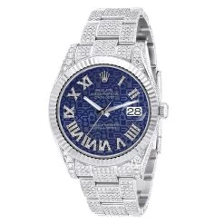 Men's Diamond Iced Out Watch Rolex Datejust 41mm Blue Print Roman Numerals Dial