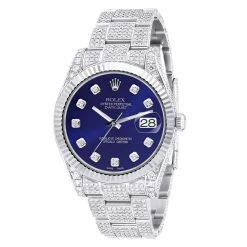 Men's Diamond Iced Out Watch Rolex Datejust 41mm Dark Blue Dial Oyster Bracelet