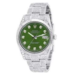 Men's Diamond Iced Out Watch Rolex Datejust 41mm Green Dial Oyster Bracelet