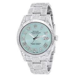 Men's Diamond Iced Out Watch Rolex Datejust 41mm Light Blue Roman Numerals Dial