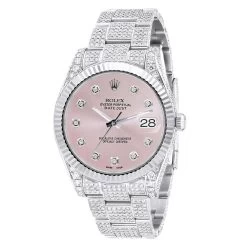 Men's Diamond Iced Out Watch Rolex Datejust 41mm Rose Dial Oyster Bracelet