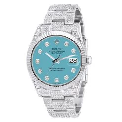 Men's Diamond Iced Out Watch Rolex Datejust 41mm Turquoise Dial Oyster Bracelet