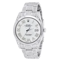 Men's Diamond Iced Out Watch Rolex Datejust 41mm White Roman Numerals Dial MoP