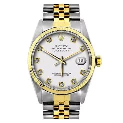 Men's Diamond Rolex Oyster Perpetual Datejust Gold & Stainless Steel Watch White Dial