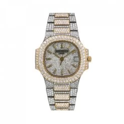 Men's Diamond Watch Patek Philippe Nautilus 18K Gold 37mm Silver Tone Dial