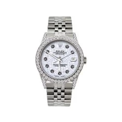 Men's Diamond Rolex Watch Oyster Perpetual Datejust 36mm Blue Dial Diamond Lugs And Bezel