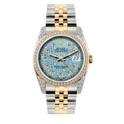 Men's Diamond And Yellow Gold Rolex Watch Datejust 36mm WIth Diamond Blue Dial And Diamond Bezel -Watch Store mens diamond watch rolex datejust gold 36 mm blue dial w00432 full 1691593552