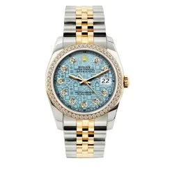 Men's Diamond And Yellow Gold Rolex Watch Datejust 36mm WIth Diamond Blue Dial And Diamond Bezel