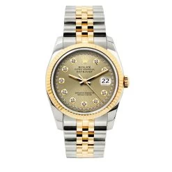 Men's Diamond Oyster Perpetual Datejust 36mm Rolex Watch Yellow Gold And Stainless Stell