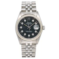 Men's Diamond Watch Rolex Datejust White Gold Bezel 36mm Black Dial W01329