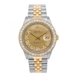 Men's Diamond Watch Rolex Datejust Yellow Gold 36mm Champagne Dial W00924