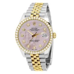 Men's Gold Rolex Datejust 41mm Rose Mother Of Pearl Dial Diamond Bezel