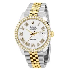 Men's Gold Rolex Datejust 41mm White Roman Numerals Dial Diamond Bezel