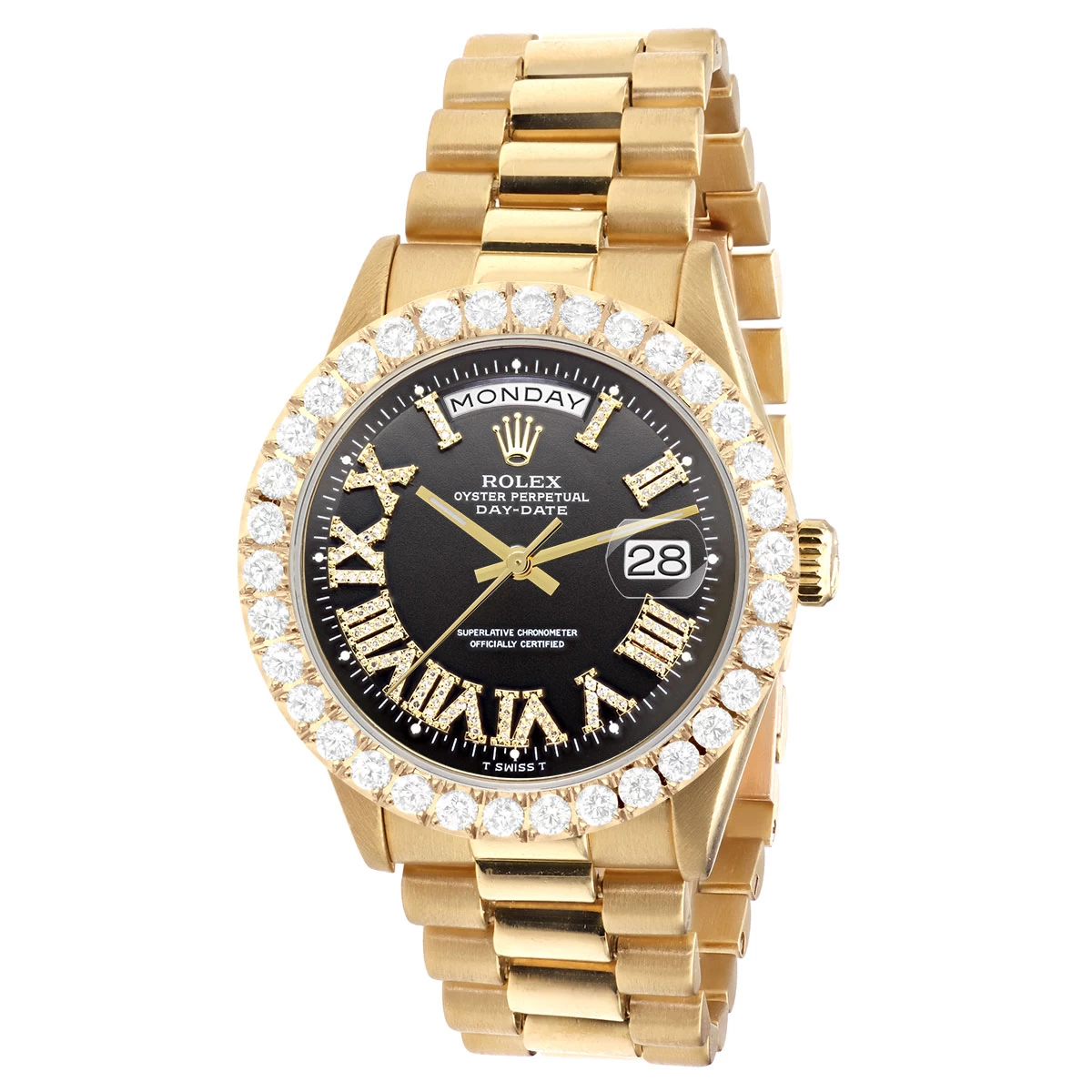 Men's Gold Watch Rolex Day-Date 36mm Black Roman Numerals Dial President Bracelet Diamond 4ct Bezel 1 Men's Gold Watch Rolex Day-Date 36mm Black Roman Numerals Dial President Bracelet Diamond 4ct Bezel