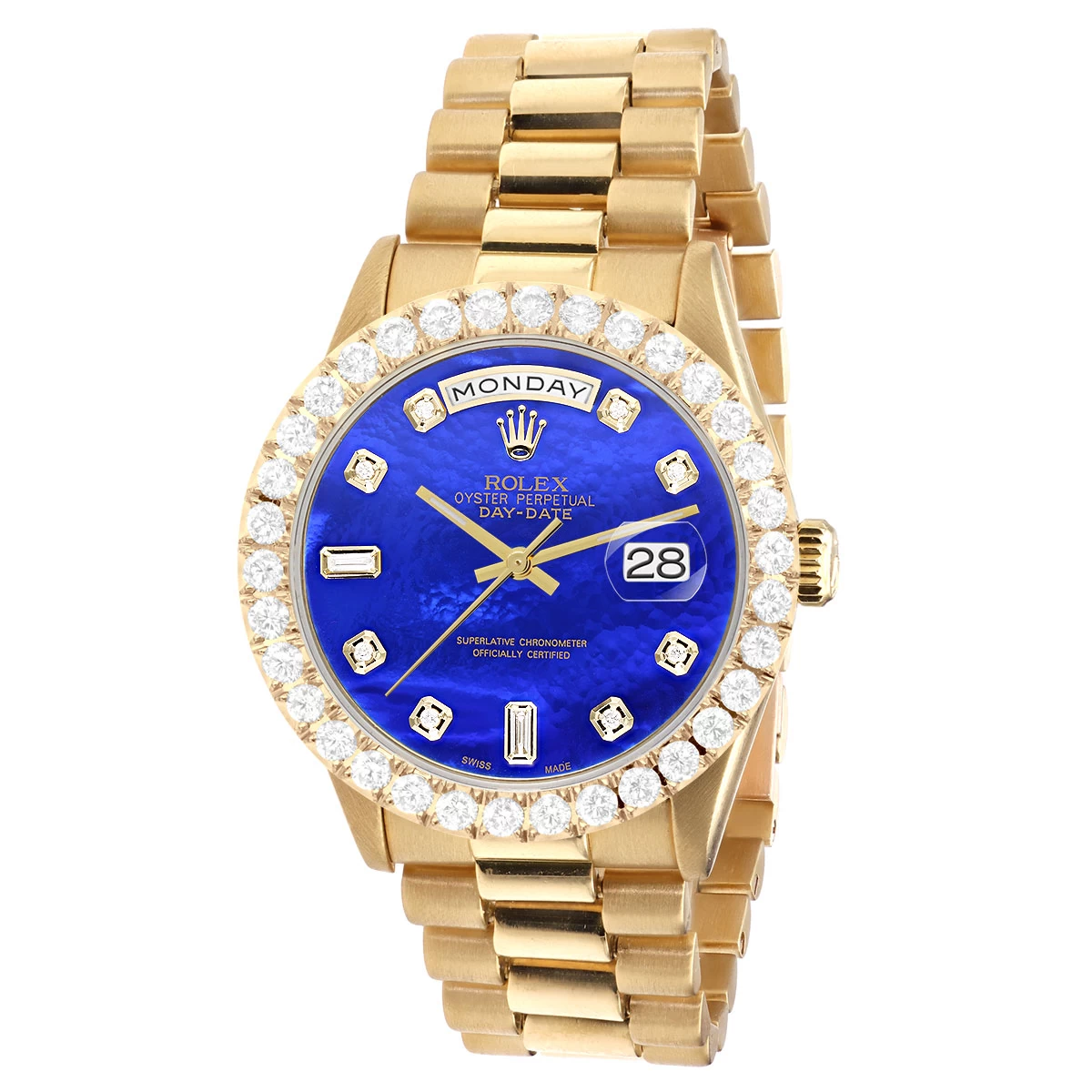 Men's Gold Watch Rolex Day-Date 36mm Blue Mother Of Pearl Dial President Bracelet Diamond 4ct Bezel 1 Men's Gold Watch Rolex Day-Date 36mm Blue Mother Of Pearl Dial President Bracelet Diamond 4ct Bezel