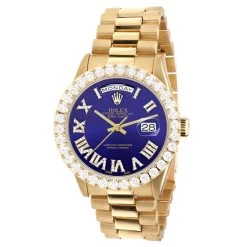 Men's Gold Watch Rolex Day-Date 36mm Blue Roman Numerals Dial President Bracelet Diamond 4ct Bezel