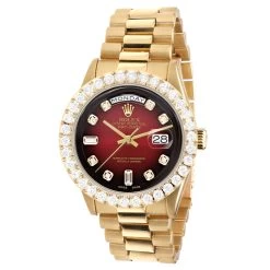Men's Gold Watch Rolex Day-Date 36mm Dark Red Dial President Bracelet Diamond 4ct Bezel