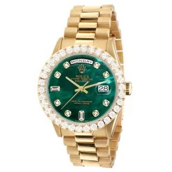 Men's Gold Watch Rolex Day-Date 36mm Green Mother Of Pearl Dial President Bracelet Diamond 4ct Bezel