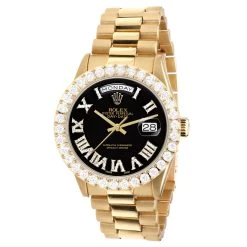 Men's Gold Watch Rolex Day-Date 36mm Night Black Dial President Bracelet Diamond 4ct Bezel