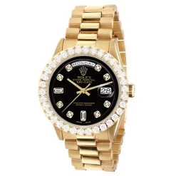 Men's Gold Watch Rolex Day-Date 36mm Pure Black Dial President Bracelet Diamond 4ct Bezel
