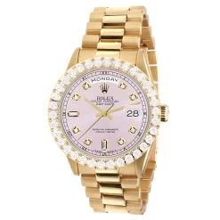 Men's Gold Watch Rolex Day-Date 36mm Rose Dial President Bracelet Diamond 4ct Bezel