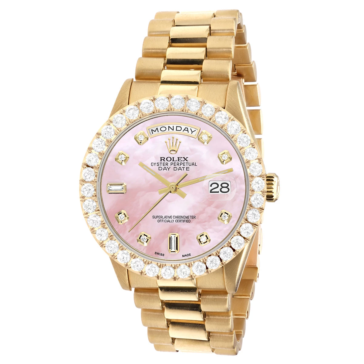 Men's Gold Watch Rolex Day-Date 36mm Rose Mother Of Pearl Dial President Bracelet Diamond 4ct Bezel 1 Men's Gold Watch Rolex Day-Date 36mm Rose Mother Of Pearl Dial President Bracelet Diamond 4ct Bezel