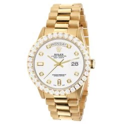 Men's Gold Watch Rolex Day-Date 36mm White Dial President Bracelet Diamond 4ct Bezel