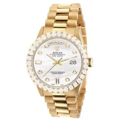 Watch Store 32 Men's Gold Watch Rolex Day-Date 36mm White Mother Of Pearl Dial President Bracelet Diamond 4ct Bezel