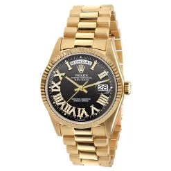 Men's Gold Watch Rolex Day-Date Diamond 36mm Black Roman Numerals Dial President Bracelet