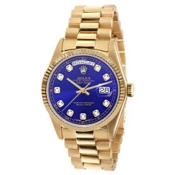 Men's Gold Watch Rolex Day-Date Diamond 36mm Blue Dial President Bracelet