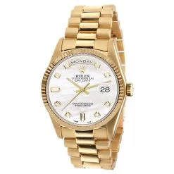 Men's Gold Watch Rolex Day-Date Diamond 36mm White Mother Of Pearl Dial President Bracelet