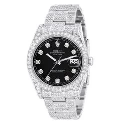 Men's Iced Out Watch Rolex Datejust 41mm Black Dial Oyster Bracelet Diamond Bezel