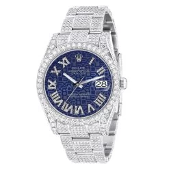 Watch Store 26 Men's Iced Out Watch Rolex Datejust 41mm Blue Print Roman Numerals Dial Diamond Bezel