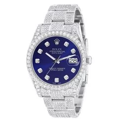 Men's Iced Out Watch Rolex Datejust 41mm Dark Blue Dial Oyster Bracelet Diamond Bezel