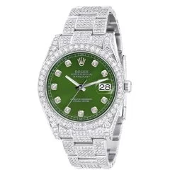 Men's Iced Out Watch Rolex Datejust 41mm Green Dial Oyster Bracelet Diamond Bezel