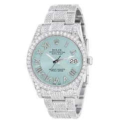 Men's Iced Out Watch Rolex Datejust 41mm Light Blue Roman Numerals Dial Diamond Bezel
