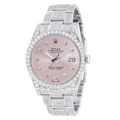 Men's Iced Out Watch Rolex Datejust 41mm Rose Dial Oyster Bracelet Diamond Bezel