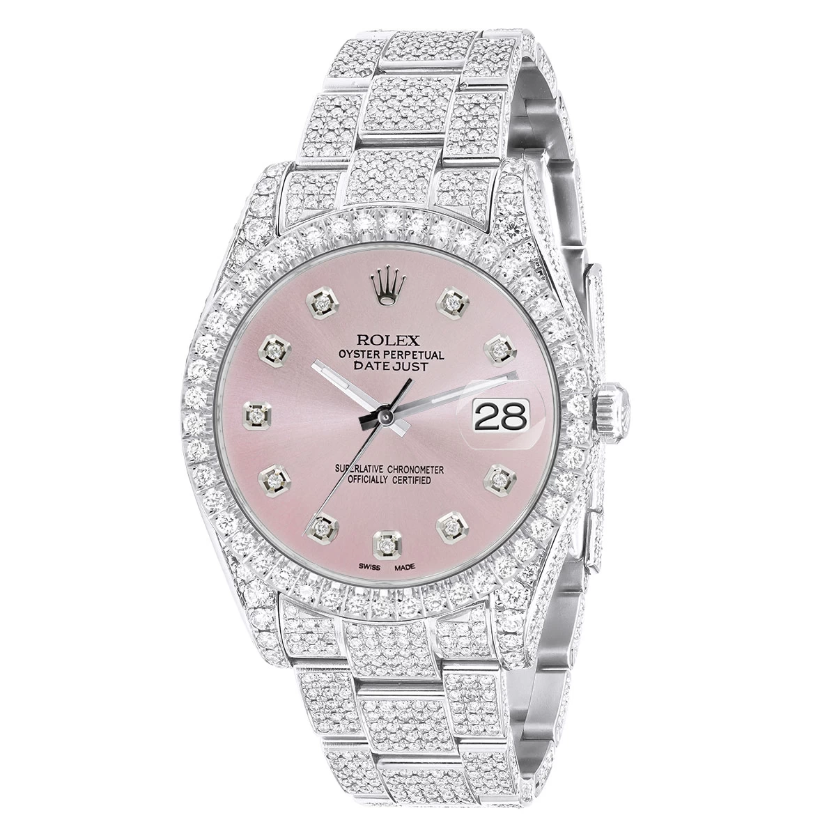 Men's Iced Out Watch Rolex Datejust 41mm Rose Dial Oyster Bracelet Diamond Bezel 1 Men's Iced Out Watch Rolex Datejust 41mm Rose Dial Oyster Bracelet Diamond Bezel