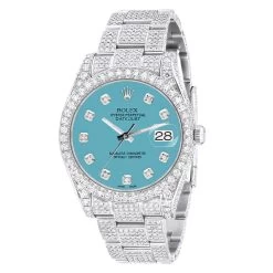Men's Iced Out Watch Rolex Datejust 41mm Turquoise Dial Oyster Bracelet Diamond Bezel