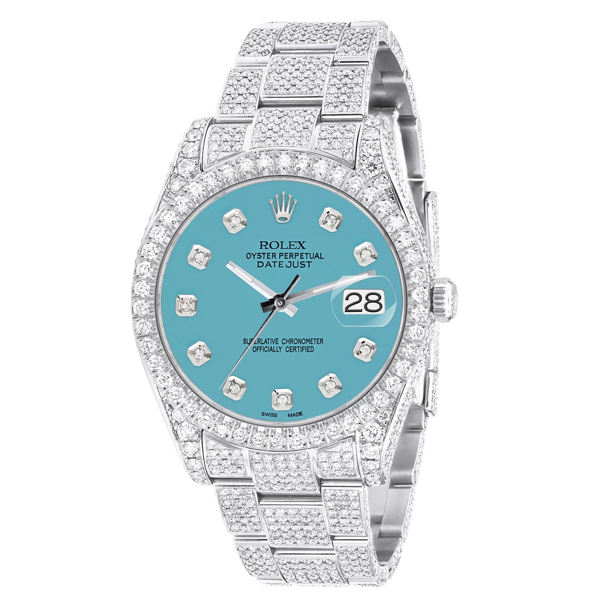 Men's Iced Out Watch Rolex Datejust 41mm Turquoise Dial Oyster Bracelet Diamond Bezel 1 Men's Iced Out Watch Rolex Datejust 41mm Turquoise Dial Oyster Bracelet Diamond Bezel